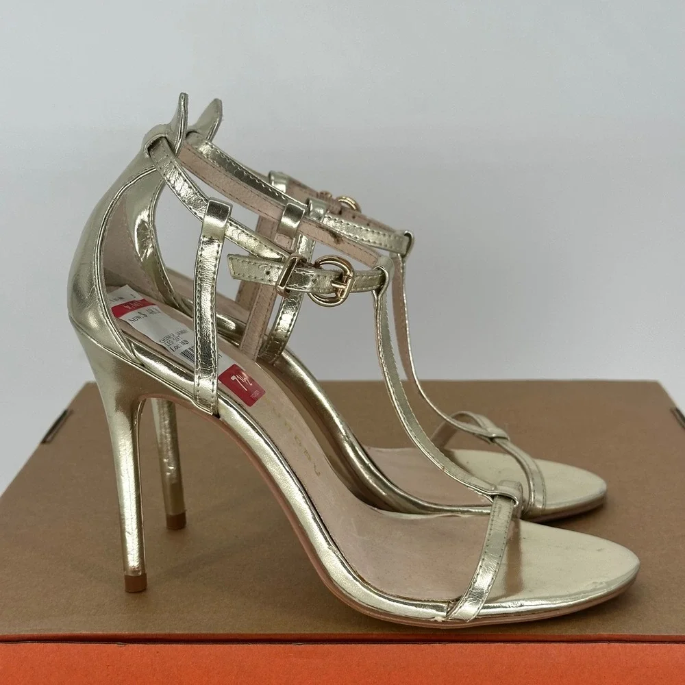 Chinese Laundry Lulus Leo Light T Gold Strap Dress Sandal Stiletto High Heel 7.5